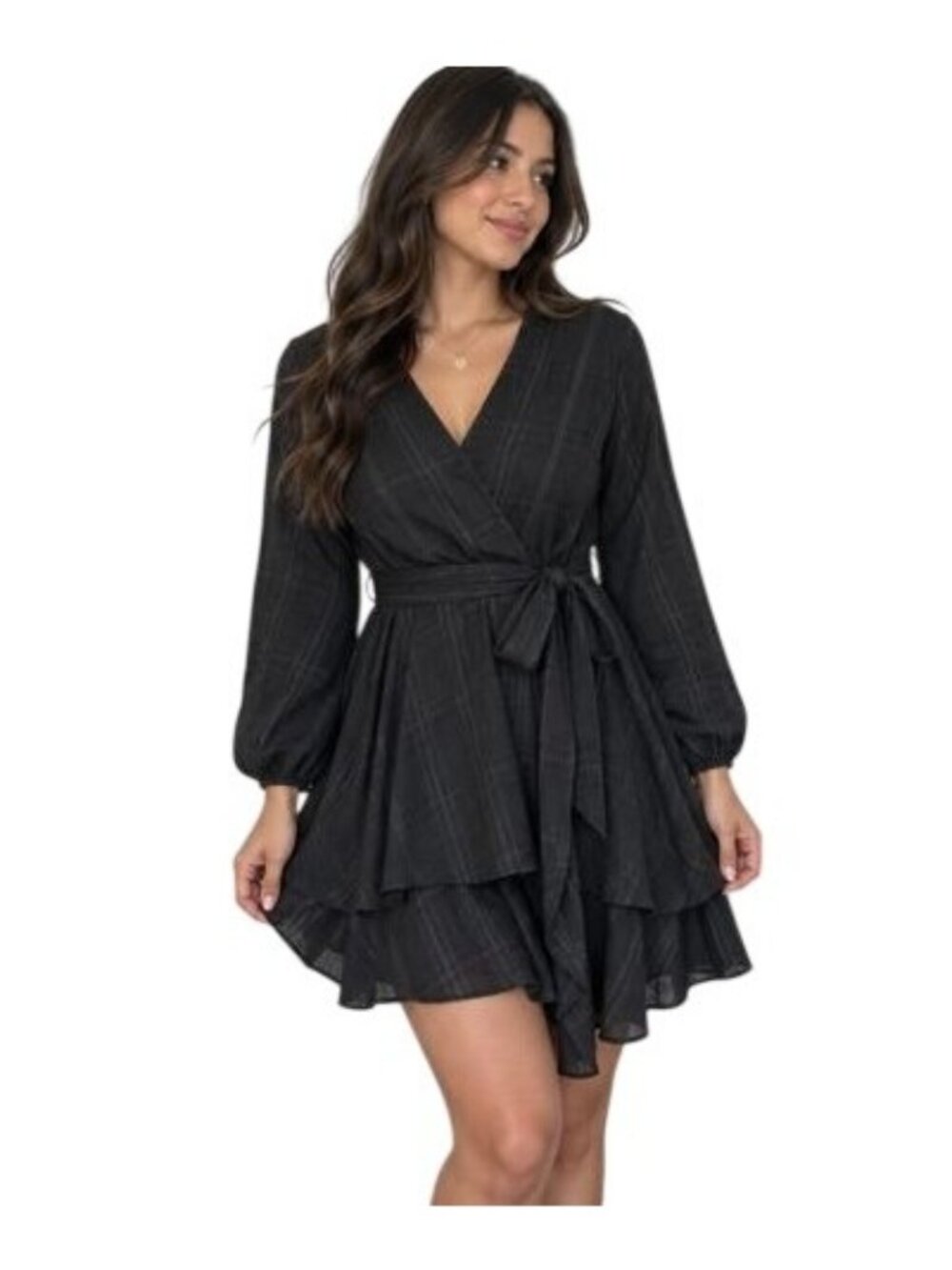 Black Long-Sleeve Plaid shorts Dress Ruffled Hem & Waist Tie Womens Medium